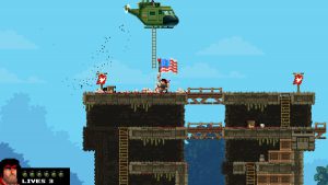 Broforce Rambro Rambo Parodie in einer Hubschrauber  Endsequenz (Broforce – Sei ein Bro!)
