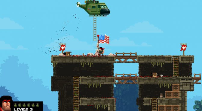 Broforce Rambro Rambo Parodie in einer Hubschrauber Endsequenz