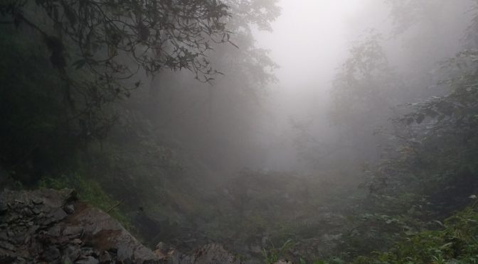 Nebelige Mordor Landschaft bei Payia in Nepal